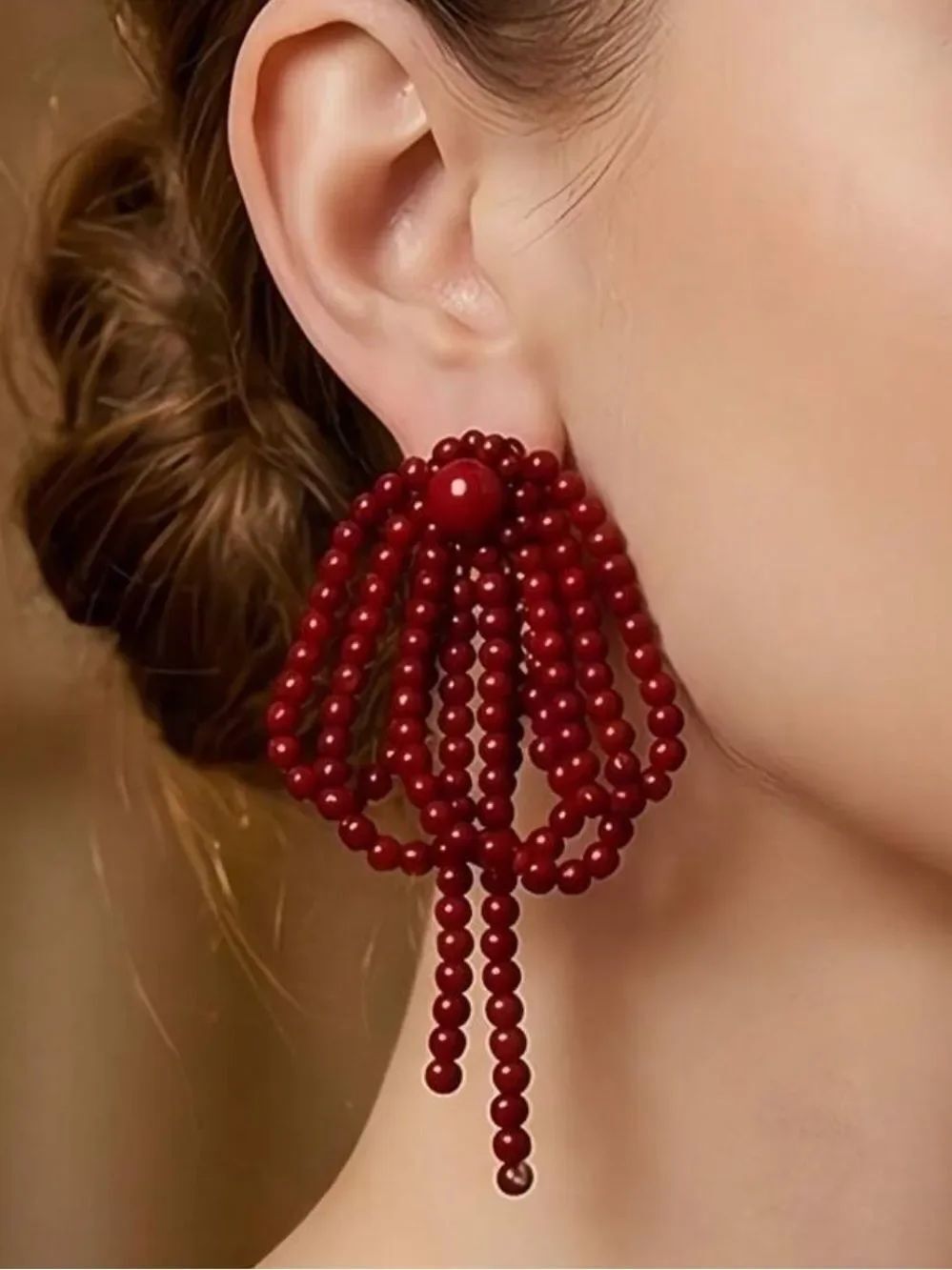 Red Beaded Statement Drop Earrings N2270